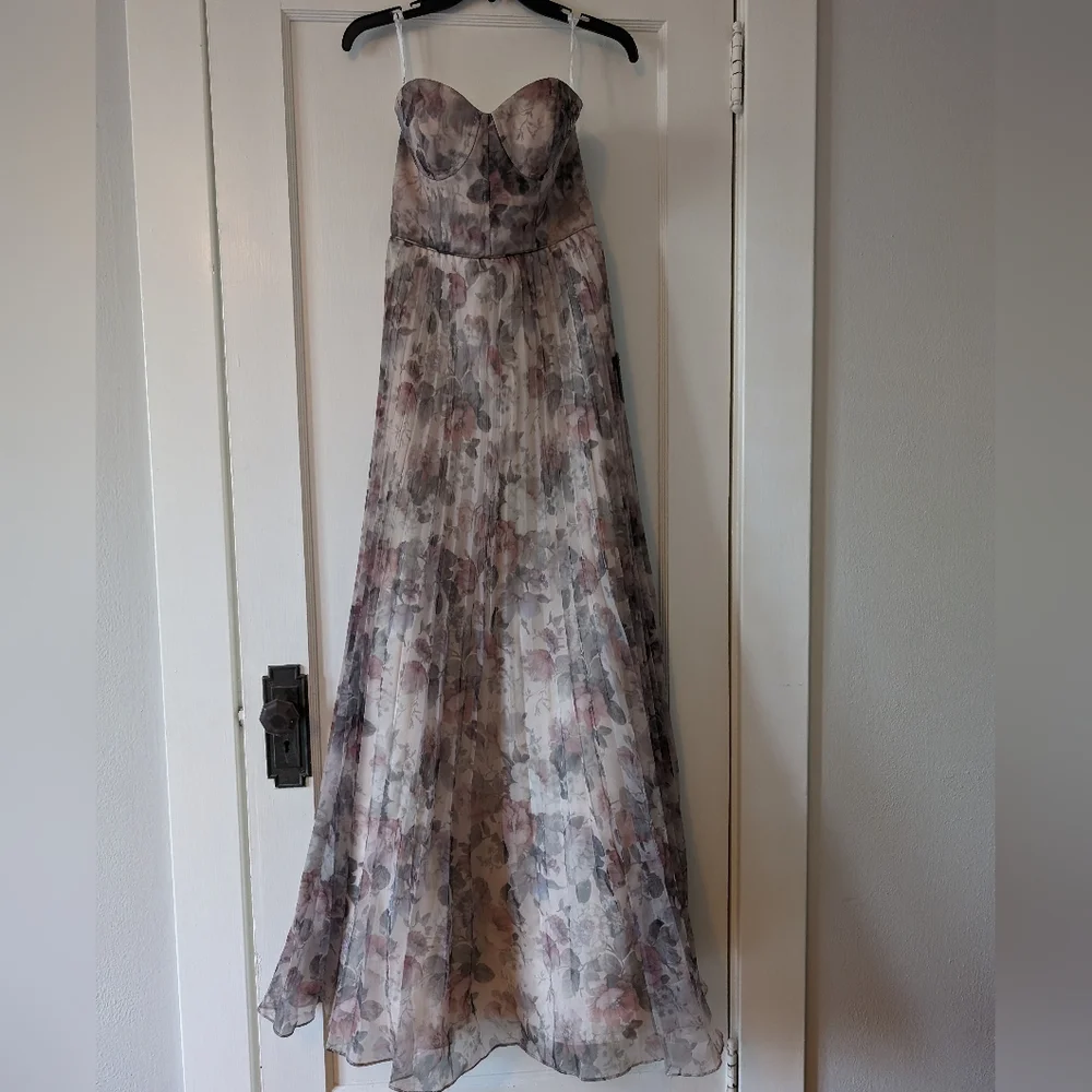 Strapless Floral Chiffon Evening Gown - Blush Floral - Picture 5 of 6